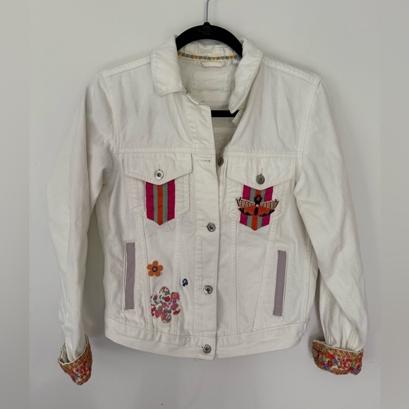 Collusion Jackets & Blazers - Collusion Denim Jacket Womens White Jean Embroidered Colorful OOAK Size 6